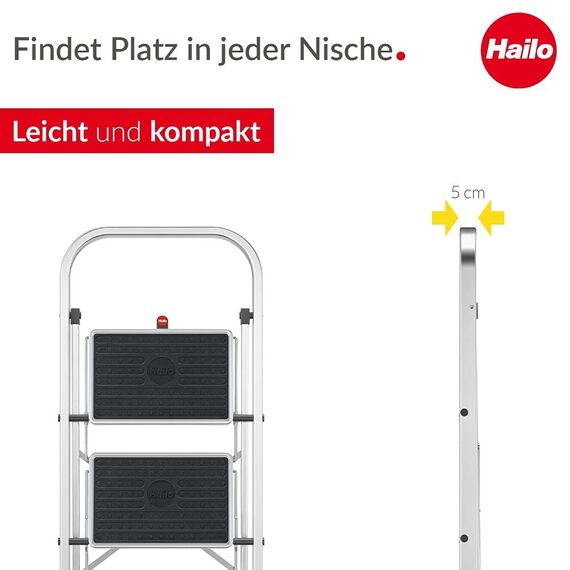 Hailo K70 StandardLine Alu-Klapptritt-Leiter - 3 große Stahl-Stufen mit Anti-Rutsch-Matten belastbar bis 150 kg - Trittleiter mit Klappsicherung - besonders leicht und einfach zu verstauen - Silber