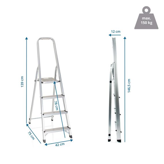 hjh OFFICE Klappleiter SOLID II - 4 Stufen - Aluminiumleiter klappbar - Arbeitshöhe 228 cm - TÜV-geprüft - Große Trittfläche - Stabil & belastbar