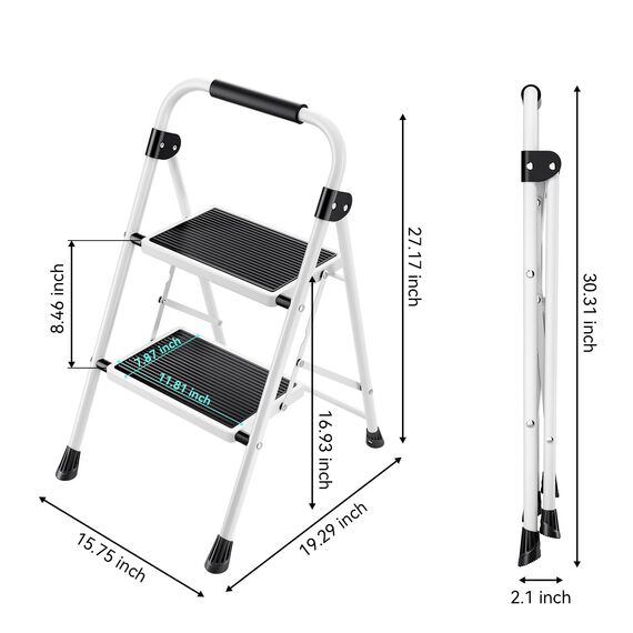 KINGRACK 2 Stufen Leiter, Trittleiter mit Handläufen, Stufenleiter, Klappleiter Tritthocker, Klapptritthocker für Erwachsene mit Griff, Haushaltsleiter Anti-Rutsch-stabilem und breitem Pedal, weiß