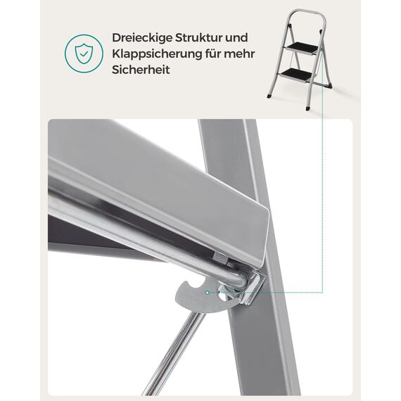SONGMICS Trittleiter, Leiter mit 2 Stufen, Klapptritt, Klappsicherung, einfach zu verstauen, bis 150 kg belastbar, Taubengrau GSL012G01