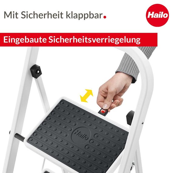 Hailo HobbyStep Stahl-Klapptritt-Leiter - 3 breite Stahl-Stufen mit Anti-Rutsch-Matten belastbar bis 150 kg - Trittleiter mit Klappsicherung - geriffelter ganzflächig aufstehender Steckfuß - weiß
