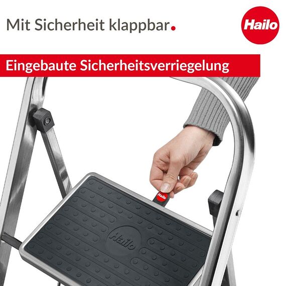 Hailo K70 StandardLine Alu-Klapptritt-Leiter - 3 große Stahl-Stufen mit Anti-Rutsch-Matten belastbar bis 150 kg - Trittleiter mit Klappsicherung - besonders leicht und einfach zu verstauen - Silber
