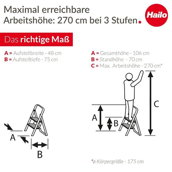 Hailo K70 StandardLine Alu-Klapptritt-Leiter - 3 große Stahl-Stufen mit Anti-Rutsch-Matten belastbar bis 150 kg - Trittleiter mit Klappsicherung - besonders leicht und einfach zu verstauen - Silber