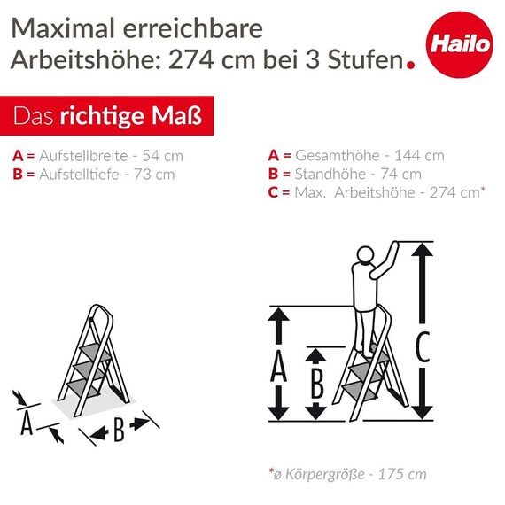 Hailo K100 Topline Alu-Klapptritt-Leiter - 3 extra große Stufen bis 150kg - Komfort-Trittleiter mit hochgeschwungenem Sicherheitsbügel & Ablageschale - Füße mit Soft-Grip-Sohle - rostfrei - Silber