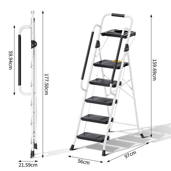 KINGRACK Trittleiter 5 Stufen klappbar, Leiter 5 Stufen 150 kg Tragfähigkeit, mit Werkzeugtray, Handlauf, für Haushalt, Garten, Malerei, Outdoor und Garagennutzung geeignete Faltbare Leiter, weiß