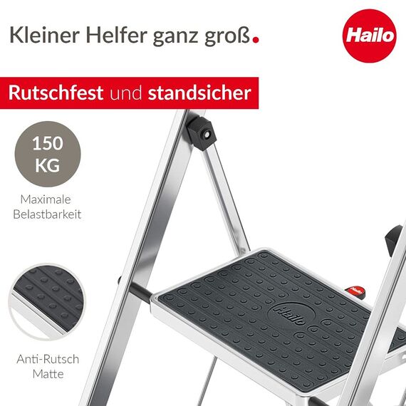 Hailo K70 StandardLine Alu-Klapptritt-Leiter - 3 große Stahl-Stufen mit Anti-Rutsch-Matten belastbar bis 150 kg - Trittleiter mit Klappsicherung - besonders leicht und einfach zu verstauen - Silber
