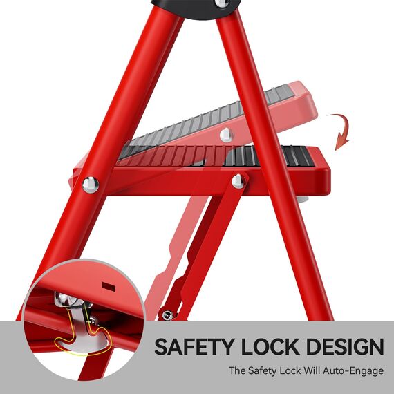 KINGRACK 2 Stufen Leiter, Trittleiter mit Handläufen, Stufenleiter, Klappleiter Tritthocker, Klapptritthocker für Erwachsene mit Griff, Haushaltsleiter Anti-Rutsch-stabilem und breitem Pedal, rot