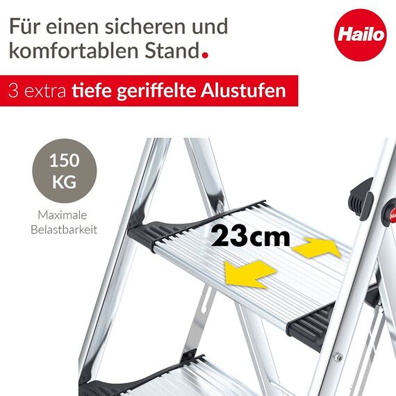 Hailo K100 Topline Alu-Klapptritt-Leiter - 3 extra große Stufen bis 150kg - Komfort-Trittleiter mit hochgeschwungenem Sicherheitsbügel & Ablageschale - Füße mit Soft-Grip-Sohle - rostfrei - Silber