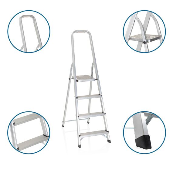 hjh OFFICE Klappleiter SOLID II - 4 Stufen - Aluminiumleiter klappbar - Arbeitshöhe 228 cm - TÜV-geprüft - Große Trittfläche - Stabil & belastbar