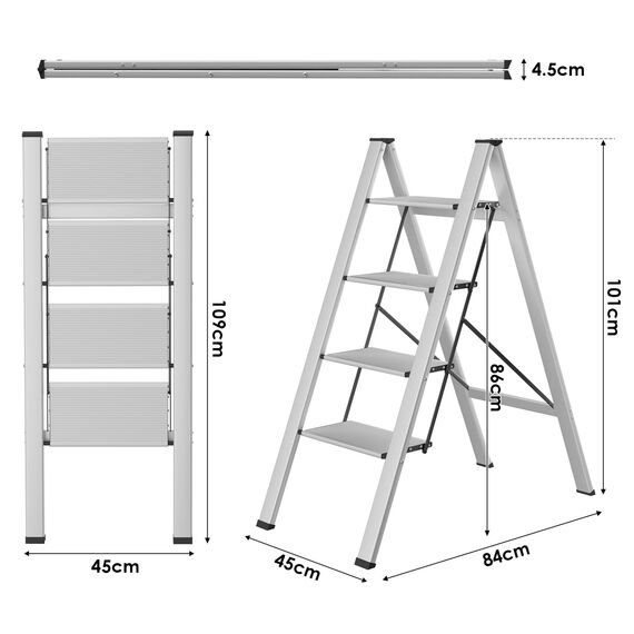 TLGREEN Alu Trittleiter 4-Stufen-Leiter Klappleiter Rostfeste rutschfeste Stehleiter Haushaltsleiter Multifunktionale Tritthocker Licht Platzsparend bis 150kg Belastbar für Küchen Haushalt Außen Büro