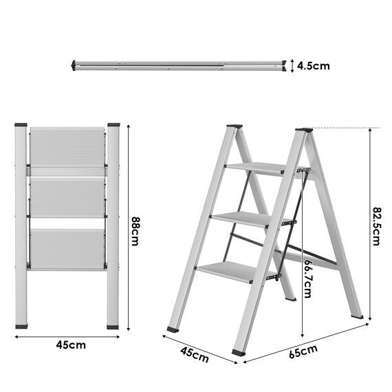 TLGREEN Alu Trittleiter 3-Stufen-Leiter Klappleiter Rostfeste rutschfeste Stehleiter Haushaltsleiter Multifunktionale Tritthocker Licht Platzsparend bis 150kg Belastbar für Küchen Haushalt Außen Büro