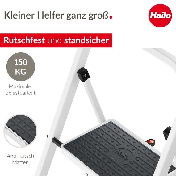 Hailo HobbyStep Stahl-Klapptritt-Leiter - 3 breite Stahl-Stufen mit Anti-Rutsch-Matten belastbar bis 150 kg - Trittleiter mit Klappsicherung - geriffelter ganzflächig aufstehender Steckfuß - weiß