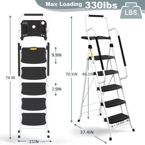 HBTower Trittleiter 5 Stufen Klappbar mit Handlauf, Leiter mit Werkzeugtasche, Gummigriffen an beiden Seiten, Rutschfestem Design, Aus hochwertigem Legierungsstahl, Tragfähigkeit bis 150kg