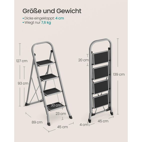 SONGMICS Trittleiter, Leiter mit 4 Stufen, Klapptritt, Klappsicherung, einfach zu verstauen, bis 150 kg belastbar, Taubengrau GSL004G01