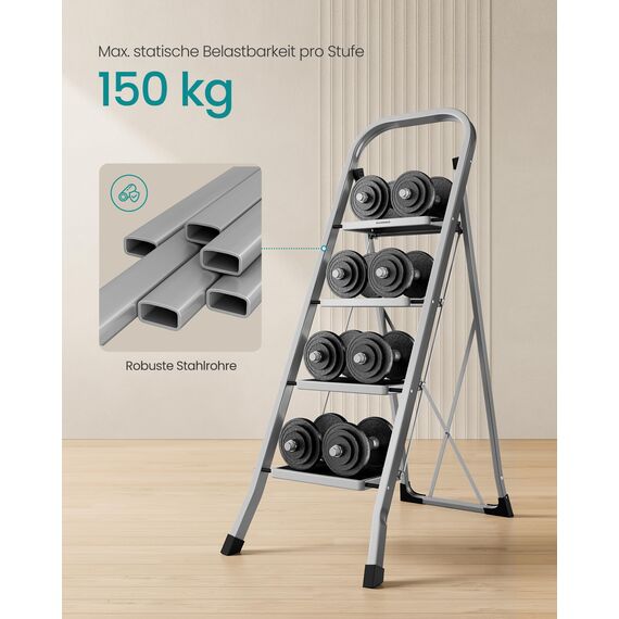 SONGMICS Trittleiter, Leiter mit 4 Stufen, Klapptritt, Klappsicherung, einfach zu verstauen, bis 150 kg belastbar, Taubengrau GSL004G01