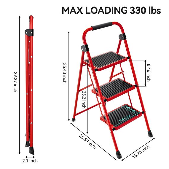 KINGRACK 3 Stufen Leiter, Trittleiter mit Handläufen, Stufenleiter, Klappleiter Tritthocker, Klapptritthocker für Erwachsene mit Griff, Haushaltsleiter Anti-Rutsch-stabilem und breitem Pedal, rot
