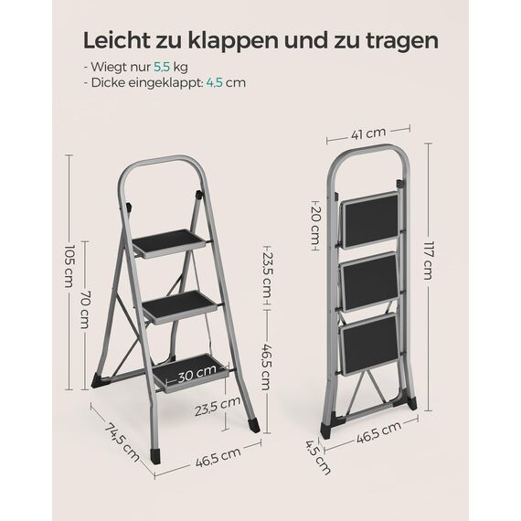 SONGMICS Trittleiter, Leiter mit 3 Stufen, Klapptritt, Klappsicherung, einfach zu verstauen, bis 150 kg belastbar, Taubengrau GSL003GY01