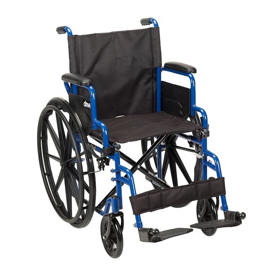 Drive Medical Blue Streak Leichter Rollstuhl mit wegschwenkbaren Fußstützen und zurückklappbaren Armen, tragbarer Klapprollstuhl für Erwachsene und Senioren, 45,7 cm Sitz