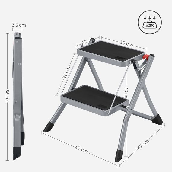 SONGMICS Trittleiter mit 2 Stufen, zusammenklappbar, Trittbreite 20 cm, Gummi, rutschfest, mit Griff, Belastung 150 kg, aus Stahl, Grau und Schwarz GSL002GY01