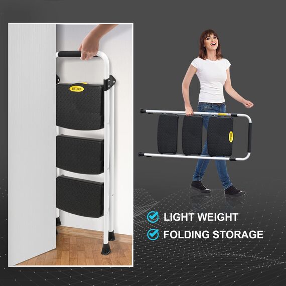 HBTower Trittleiter 3 Stufen Klappbar, Kleine Leiter mit Gummihandgriff, Rutschfester Design, Aus hochwertigem Legierungsstahl, Tragfähigkeit bis 150kg, tragbare 3 Stufen Leiter für Haushalt und Büro
