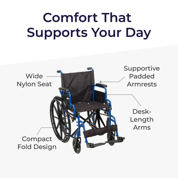 Drive Medical Blue Streak Leichter Rollstuhl mit wegschwenkbaren Fußstützen und zurückklappbaren Armen, tragbarer Klapprollstuhl für Erwachsene und Senioren, 45,7 cm Sitz
