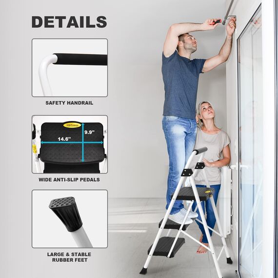 HBTower Trittleiter 3 Stufen Klappbar, Kleine Leiter mit Gummihandgriff, Rutschfester Design, Aus hochwertigem Legierungsstahl, Tragfähigkeit bis 150kg, tragbare 3 Stufen Leiter für Haushalt und Büro