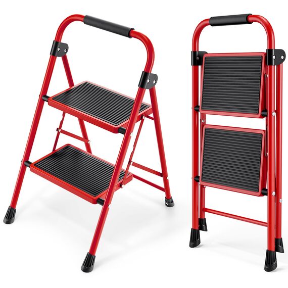 KINGRACK 2 Stufen Leiter, Trittleiter mit Handläufen, Stufenleiter, Klappleiter Tritthocker, Klapptritthocker für Erwachsene mit Griff, Haushaltsleiter Anti-Rutsch-stabilem und breitem Pedal, rot