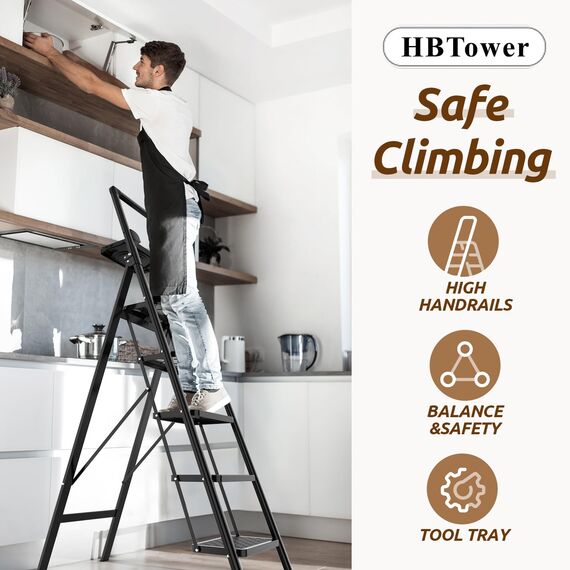 HBTower Trittleiter 5 Stufen Klappbar, Leiter 5 Stufen,stufenleiter,Leiter mit breitem Anti-Rutsch-Pedal, Tritthocker, Tritthocker mit 150kg Kapazität,Schwarz