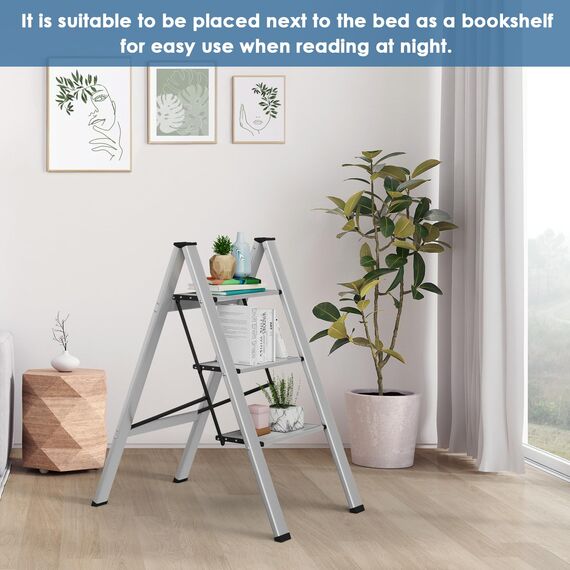 TLGREEN Alu Trittleiter 3-Stufen-Leiter Klappleiter Rostfeste rutschfeste Stehleiter Haushaltsleiter Multifunktionale Tritthocker Licht Platzsparend bis 150kg Belastbar für Küchen Haushalt Außen Büro