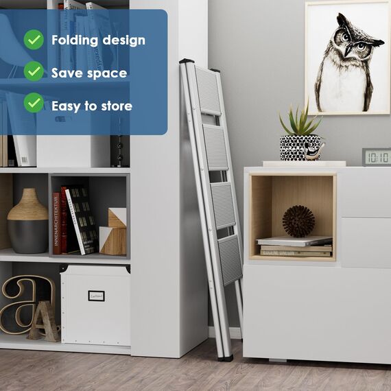 TLGREEN Alu Trittleiter 4-Stufen-Leiter Klappleiter Rostfeste rutschfeste Stehleiter Haushaltsleiter Multifunktionale Tritthocker Licht Platzsparend bis 150kg Belastbar für Küchen Haushalt Außen Büro