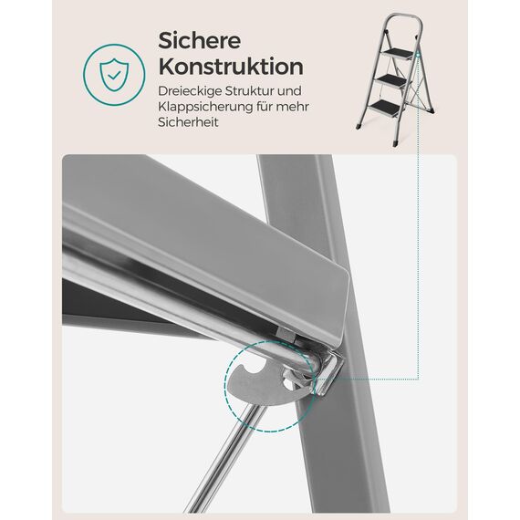 SONGMICS Trittleiter, Leiter mit 3 Stufen, Klapptritt, Klappsicherung, einfach zu verstauen, bis 150 kg belastbar, Taubengrau GSL003GY01