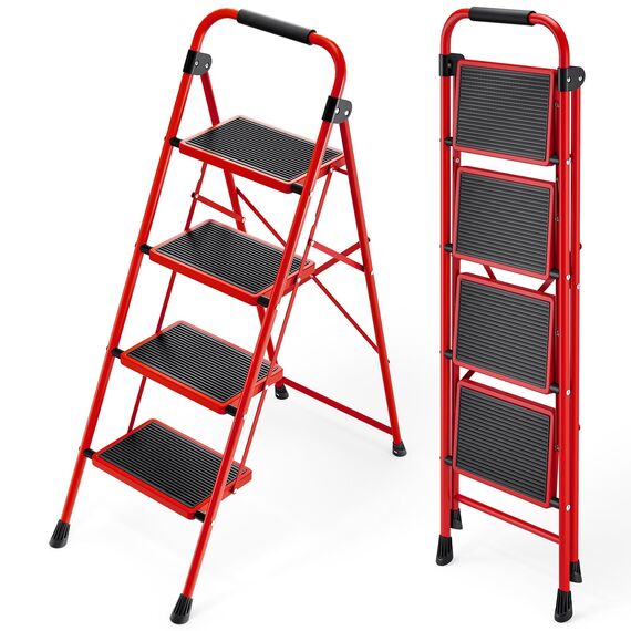 KINGRACK Stufen Leiter, Klappleiter mit Anti-Rutsch und breitem Pedal, Kleine Leiter mit Griff, Robuste Stahlleiter, leichte und tragbare Trittleiter (Rot, 4 Stufen mit handläufen)