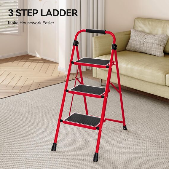 KINGRACK 3 Stufen Leiter, Trittleiter mit Handläufen, Stufenleiter, Klappleiter Tritthocker, Klapptritthocker für Erwachsene mit Griff, Haushaltsleiter Anti-Rutsch-stabilem und breitem Pedal, rot