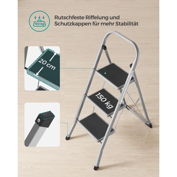 SONGMICS Trittleiter, Leiter mit 3 Stufen, Klapptritt, Klappsicherung, einfach zu verstauen, bis 150 kg belastbar, Taubengrau GSL003GY01