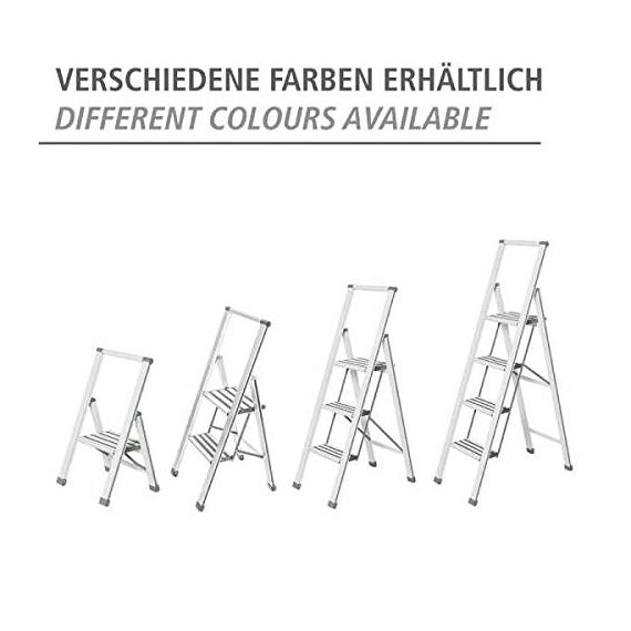 WENKO Leichte Aluminium Trittleiter mit 3 Stufen für 75 cm höheren Stand, rutschsichere XXL-Stufen, Design Klapptrittleiter, 44 x 127 x 5,5 cm, Silber matt