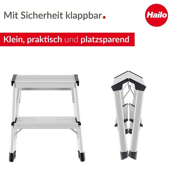Hailo D60 StandardLine Alu Doppelstufen-Trittleiter - 2-stufiger Klapptritt mit Soft-Grip-Sohlen und Klappsperre - Arbeitshöhe bis 240 cm - Gewicht 2 kg - Silber