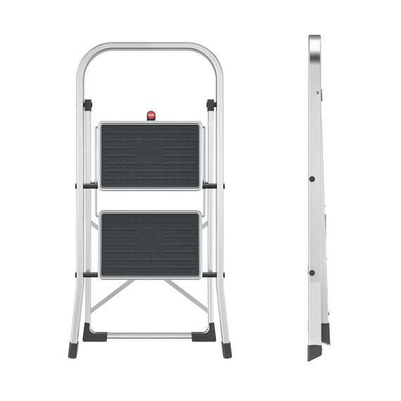 Hailo Alu-Klapptritt StandardLine, 2 große Stahl-Stufen bis 150 kg, kleine Alu Leiter mit Anti-Rutsch-Matten, Trittleiter mit Klappsicherung, Silber, Aktuelles Modell K70