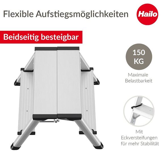 Hailo D60 StandardLine Alu Doppelstufen-Trittleiter - 2-stufiger Klapptritt mit Soft-Grip-Sohlen und Klappsperre - Arbeitshöhe bis 240 cm - Gewicht 2 kg - Silber