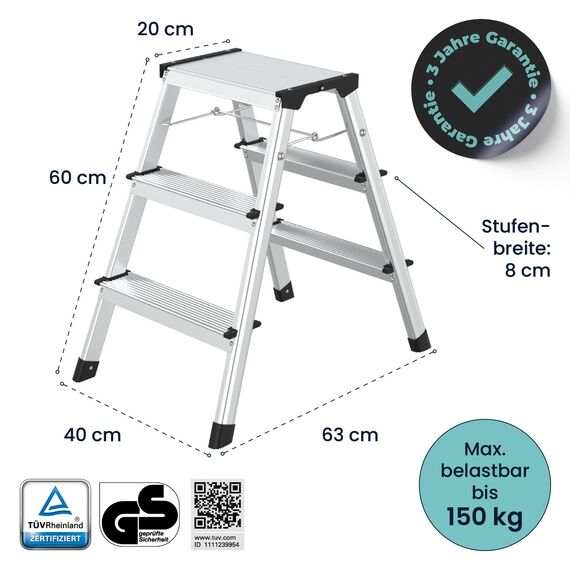 flexilife Trittleiter - Tritt Leiter Aluminium - Trittleiter 3 Stufen klappbar - Klappleiter bis 150 kg belastbar - Haushaltsleiter, Aluleiter (2 x 3 Stufen)