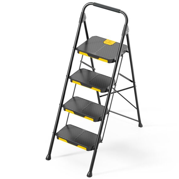 KINGRACK Leiter 4 Stufen, trittleiter 4 Stufen klappbar, mit rutschfestem, breitem Pedal und Handläufen, leichte Haushaltsleiter für Ihre Küche, Speisekammer, Schränke, Büro (Schwarz)