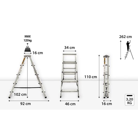 DRABEST Klappleiter Klapptritt Alu Leiter 2 x 5 Stufen Trittleiter Beidseitig Mehrzweckleiter bis 125 kg Belastbar Leiter