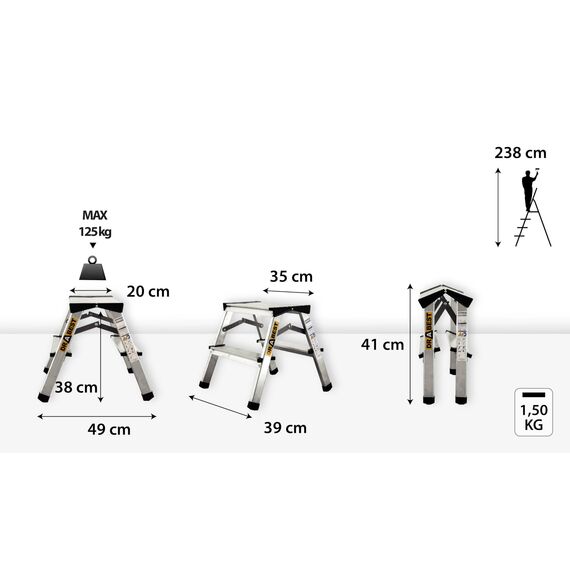 DRABEST Trittleiter Klapptritt Aluleiter Haushaltsleiter beidseitig begehbar 2 x 2 Stufen bis 125 kg belastbar