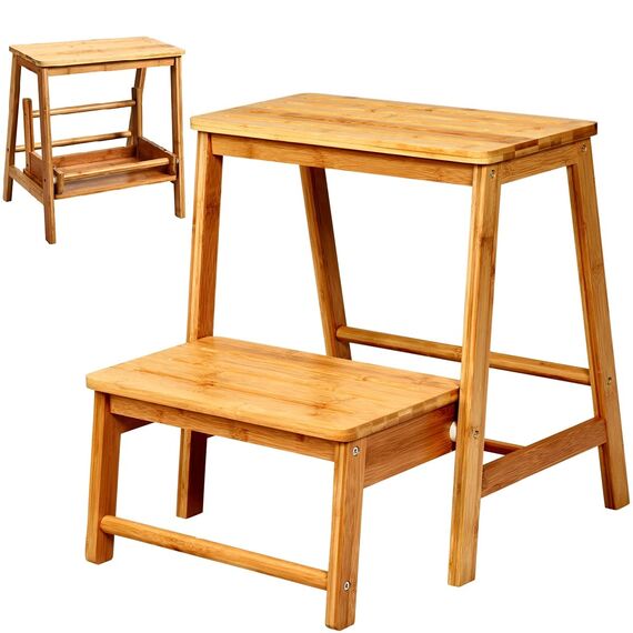 GIANTEX Tritthocker 2 Stufen, Leiterstuhl Massivholz klappbar, Trittleiter Trittstuhl 45x33x48 cm, Hocker Leiter Holz Holzleiter Tritt, Klapptreppe Haushaltstritt klein, Klappstufen Bambus (Walnuss)