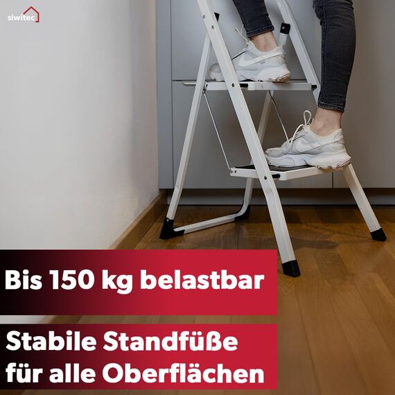 siwitec Trittleiter, Faltbare Leiter mit 2 Stufen, Klapptritt aus Stahl bis 150 kg belastbar, Tritthocker klappbar, TÜV/GS Zertifiziert, Weiss