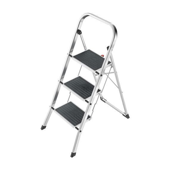 Hailo Alu-Klapptritt StandardLine, 3 große Stahl-Stufen bis 150 kg, kleine Alu Leiter mit Anti-Rutsch-Matten, Trittleiter mit Klappsicherung, Silber, Aktuelles Modell K70