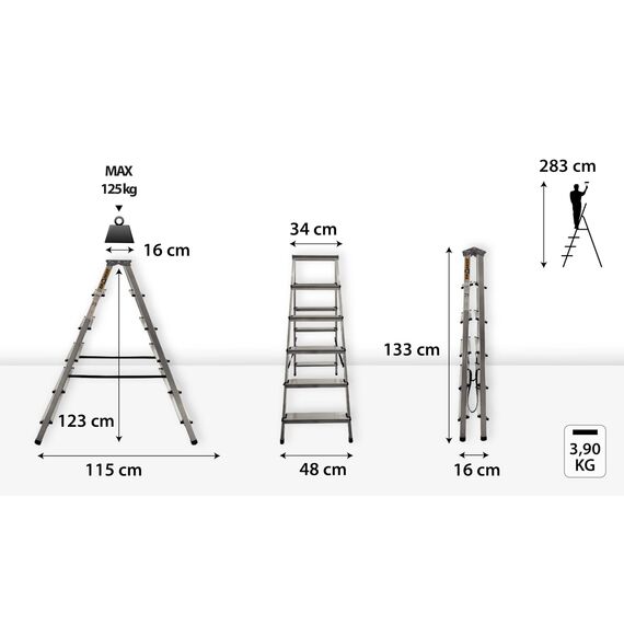 DRABEST Trittleiter Klapptritt Alu Leiter Klappbar Beidseitig Mehrzweckleiter 2 x 6 Stufig bis 125 kg Belastbar