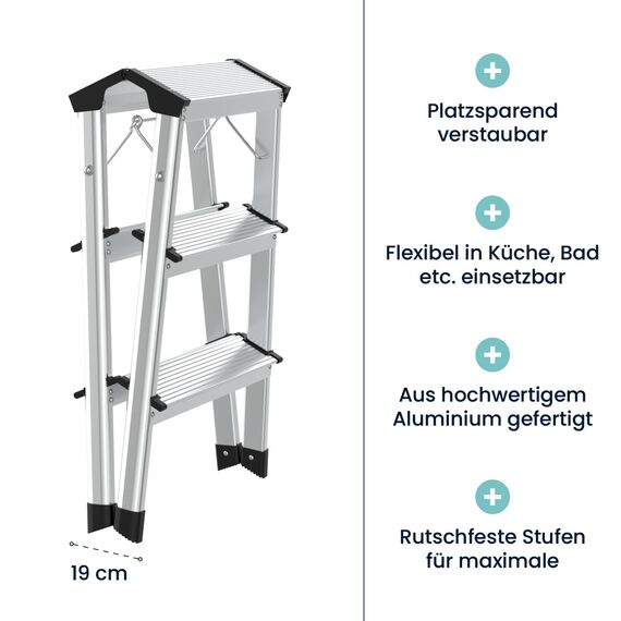 flexilife Trittleiter - Tritt Leiter Aluminium - Trittleiter 3 Stufen klappbar - Klappleiter bis 150 kg belastbar - Haushaltsleiter, Aluleiter (2 x 3 Stufen)
