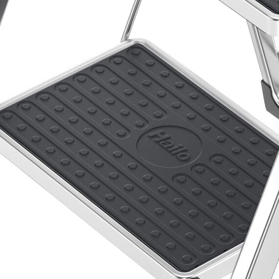 Hailo Alu-Klapptritt StandardLine, 2 große Stahl-Stufen bis 150 kg, kleine Alu Leiter mit Anti-Rutsch-Matten, Trittleiter mit Klappsicherung, Silber, Aktuelles Modell K70