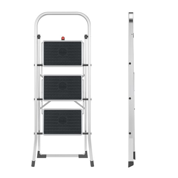 Hailo Alu-Klapptritt StandardLine, 3 große Stahl-Stufen bis 150 kg, kleine Alu Leiter mit Anti-Rutsch-Matten, Trittleiter mit Klappsicherung, Silber, Aktuelles Modell K70