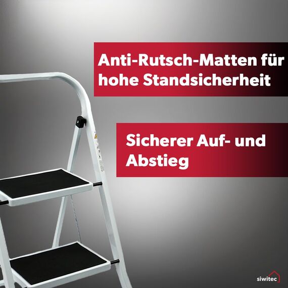 siwitec Trittleiter, Faltbare Leiter mit 2 Stufen, Klapptritt aus Stahl bis 150 kg belastbar, Tritthocker klappbar, TÜV/GS Zertifiziert, Weiss